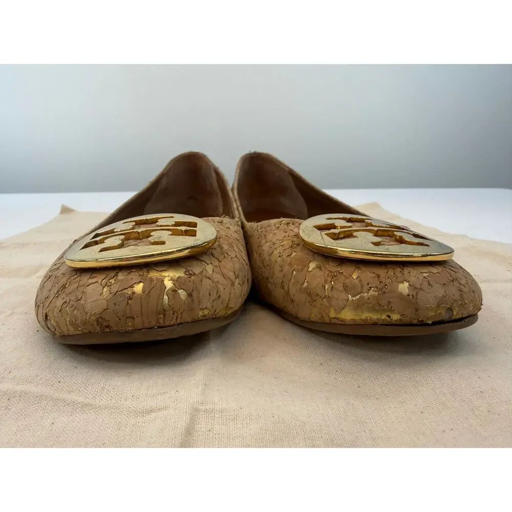 Tory Burch Gold Cork Ballet Flats Reva Logo Medallion Size 8.5M
